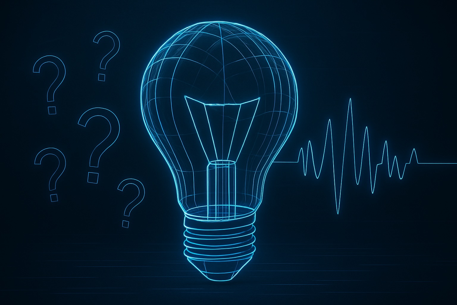 Neon wireframe lightbulb surrounded by waveform and questions, symbolizing VENDOR’s unorthodox approach to scientific publication and technology protection