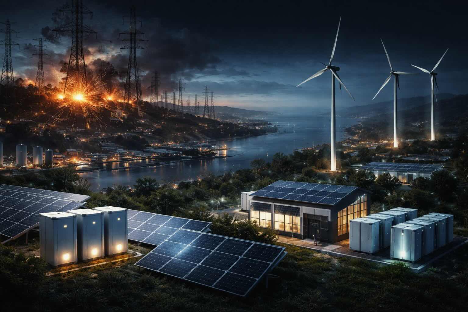 Photorealistic horizontal scene illustrating energy resilience: a modern city at dusk partially affected by a blackout, with darkened urban areas contrasted against illuminated critical infrastructure nodes. A hospital, data center, water treatment facility, and communication tower remain powered through local microgrids, visible rooftop solar panels, modular energy units, and backup systems. Power lines and substations fade into darkness in the background, emphasizing grid failure, while decentralized energy sources sustain essential services. Dark, moody color palette with deep shadows and subtle technical lighting conveys systemic risk, infrastructure fragility, and the strategic importance of resilient, decentralized energy architectures.
