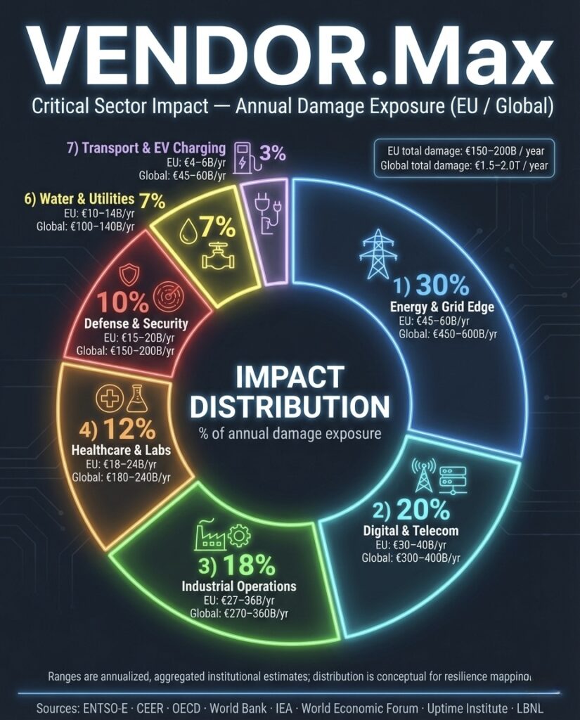 Diagram showing the distribution of annual economic damage exposure from power outages across critical sectors in the EU and globally. Sectors include energy and grid edge (approx. 30%), digital infrastructure and telecom (20%), industrial operations (18%), healthcare and laboratories (12%), defense and security (10%), water and utilities (7%), and transport including EV charging (3%). The chart illustrates how power supply disruptions generate multi-billion-euro annual losses across infrastructure-dependent sectors. The visualization is used to contextualize resilience architecture and the role of modular firm power sources, such as solid-state systems, within decentralized microgrid designs. Data sources include ENTSO-E, OECD, World Bank, IEA, World Economic Forum, Uptime Institute, and Lawrence Berkeley National Laboratory.
