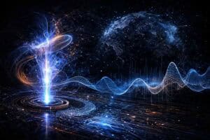 Conceptual visualization of nonlinear electrodynamic regime stabilization in an open resonant energy system with high-Q oscillations and plasma discharge dynamics, IEEE-style scientific illustration