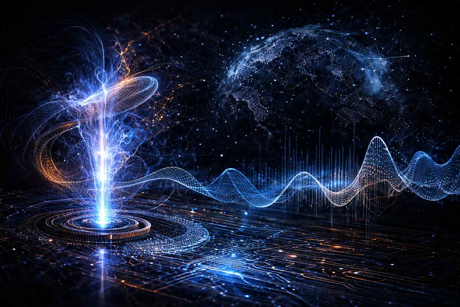 Conceptual visualization of nonlinear electrodynamic regime stabilization in an open resonant energy system with high-Q oscillations and plasma discharge dynamics, IEEE-style scientific illustration