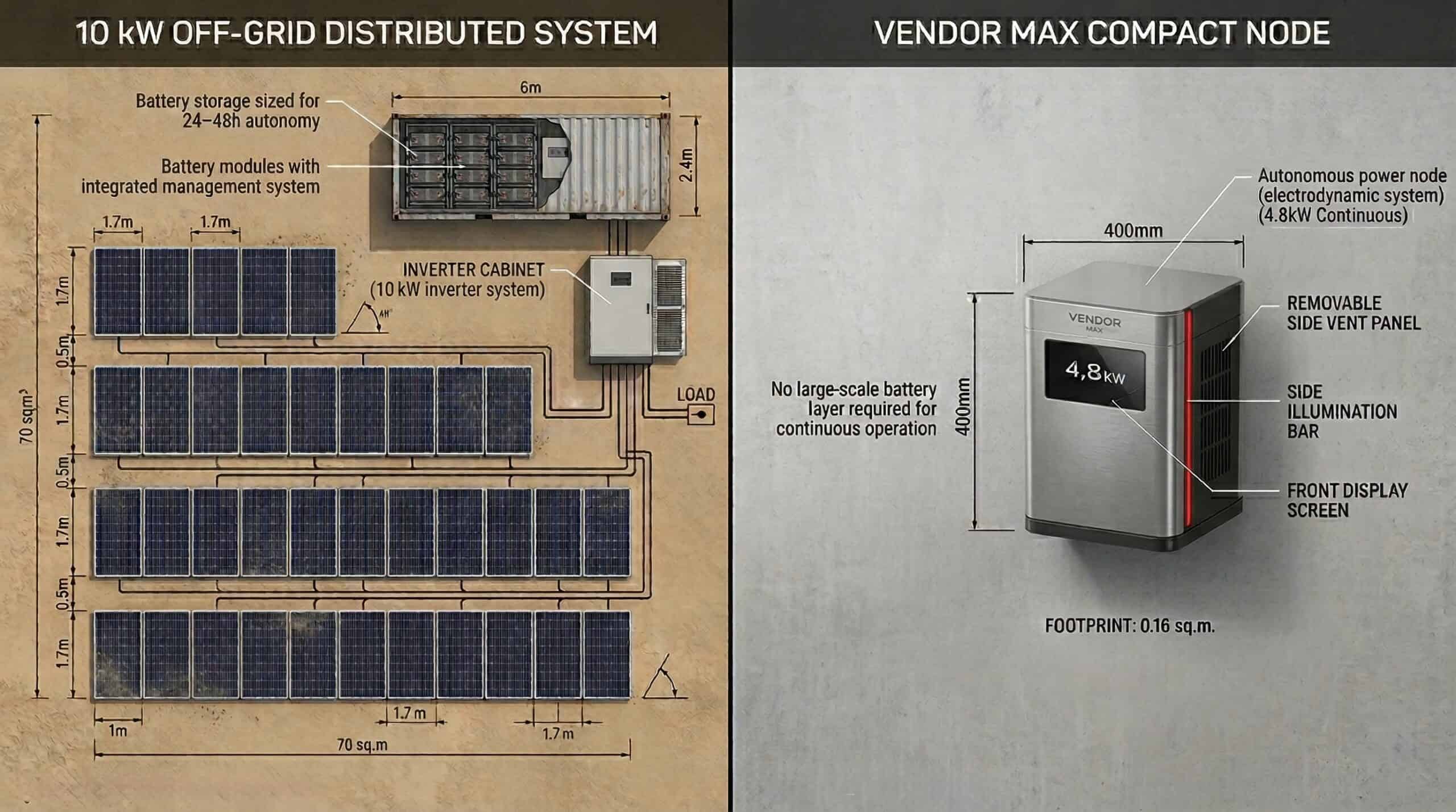 Top-down comparison of 10 kW off-grid solar battery system covering approximately 70 square metres and compact VENDOR.Max electrodynamic power node with minimal deployment footprint