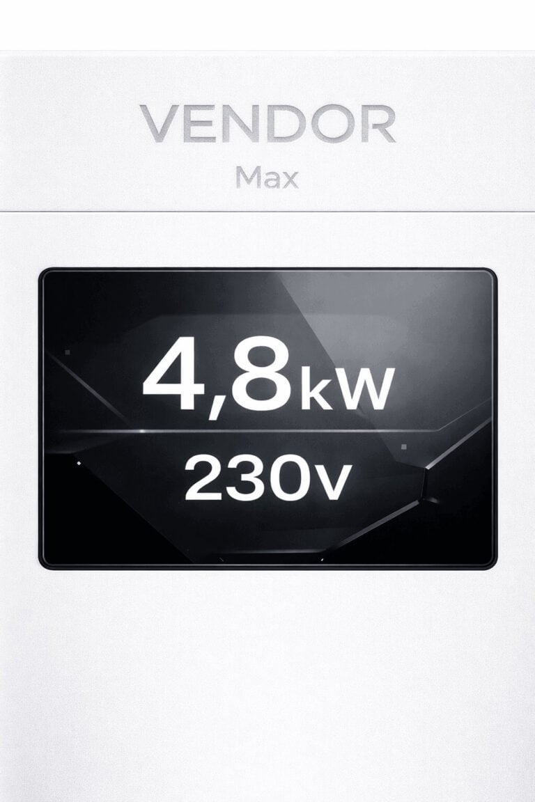 VENDOR Max generator display showing 4.8 kW output and 230V voltage on integrated screen interface