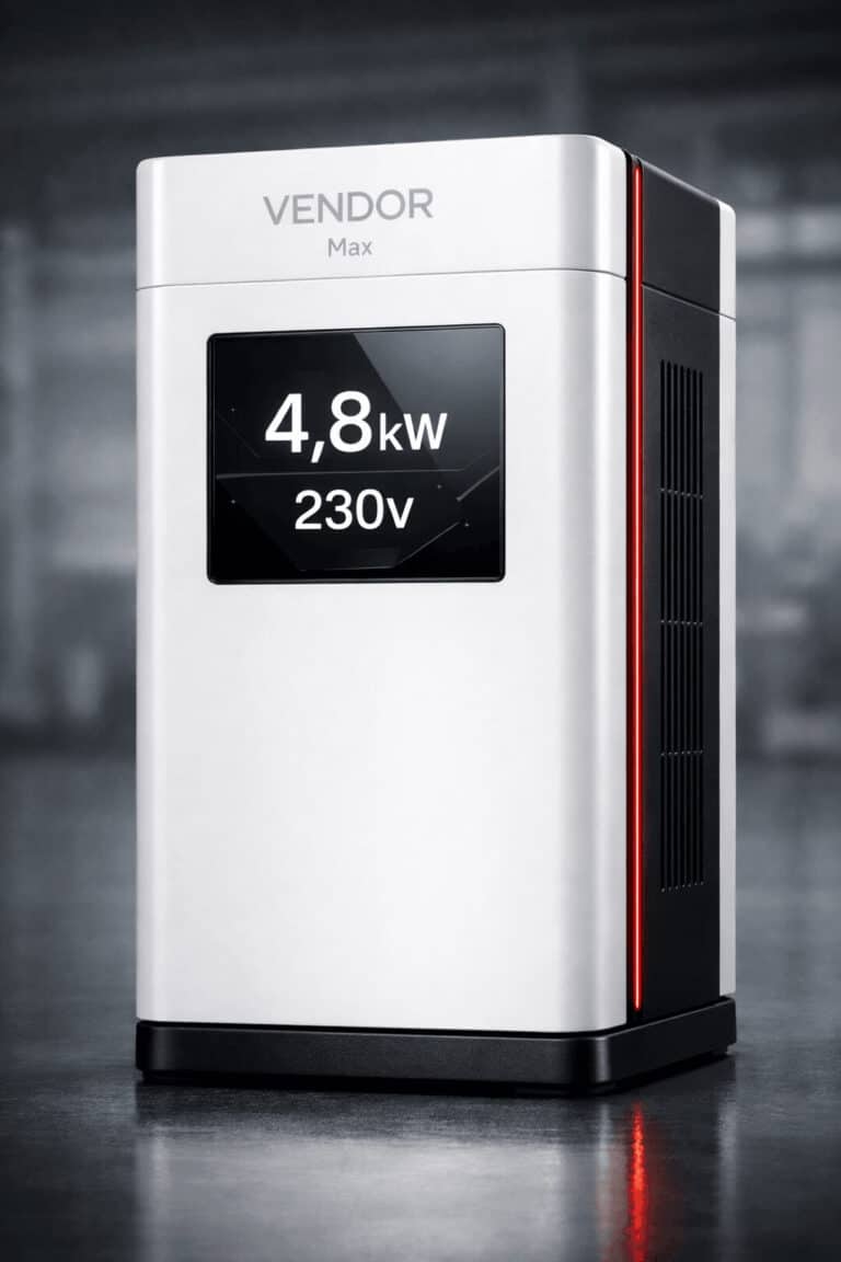 VENDOR Max 4.8 kW 230V generator in industrial environment showing deployment-ready compact power system