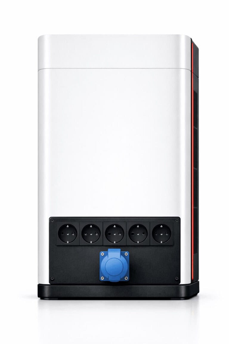 VENDOR Max generator rear view showing multiple 230V output sockets and 32A industrial connector panel