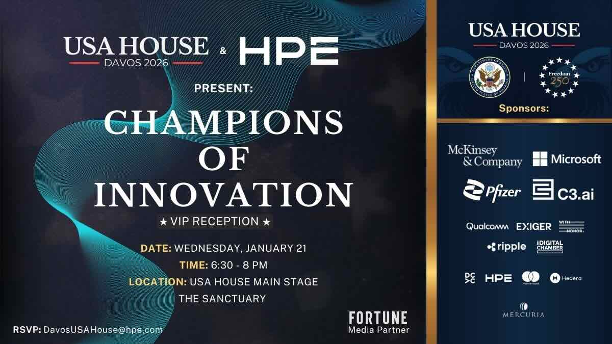 Official invitation to the Champions of Innovation event (VIP reception), USA House, Davos 2026, hosted by Hewlett Packard Enterprise