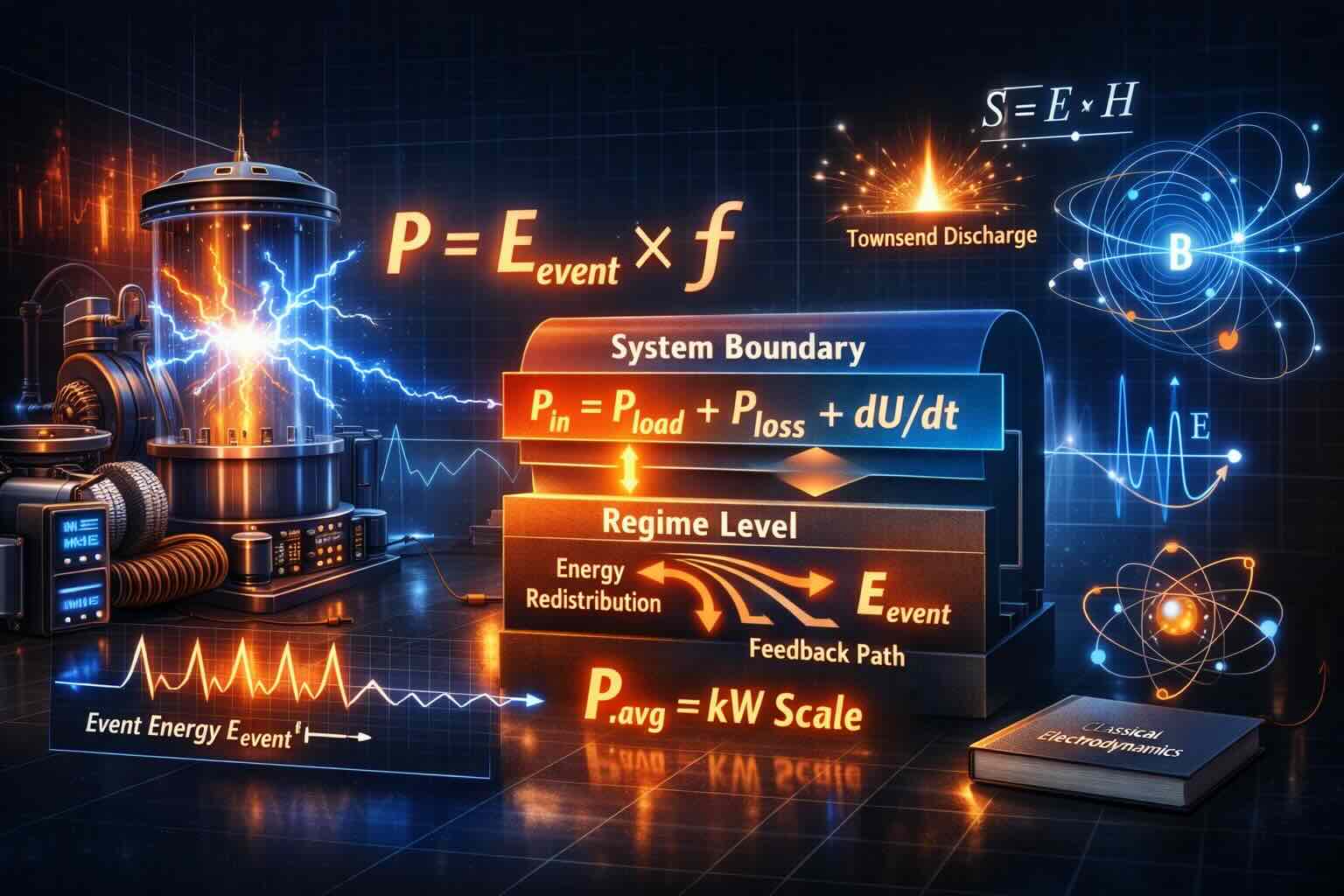 Regime-level energy model showing event-frequency relation, system boundary energy balance, and nonlinear electrodynamic power flow