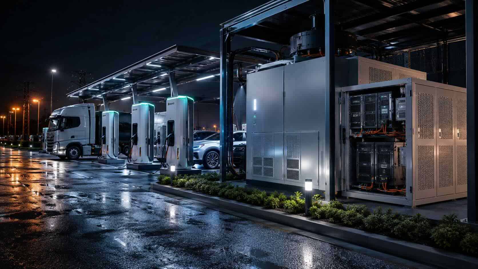 EV charging site auxiliary infrastructure — payment kiosks, comms backhaul, lighting, security cameras and control room continuous power deployed AROUND the charger, powered by VENDOR.Max