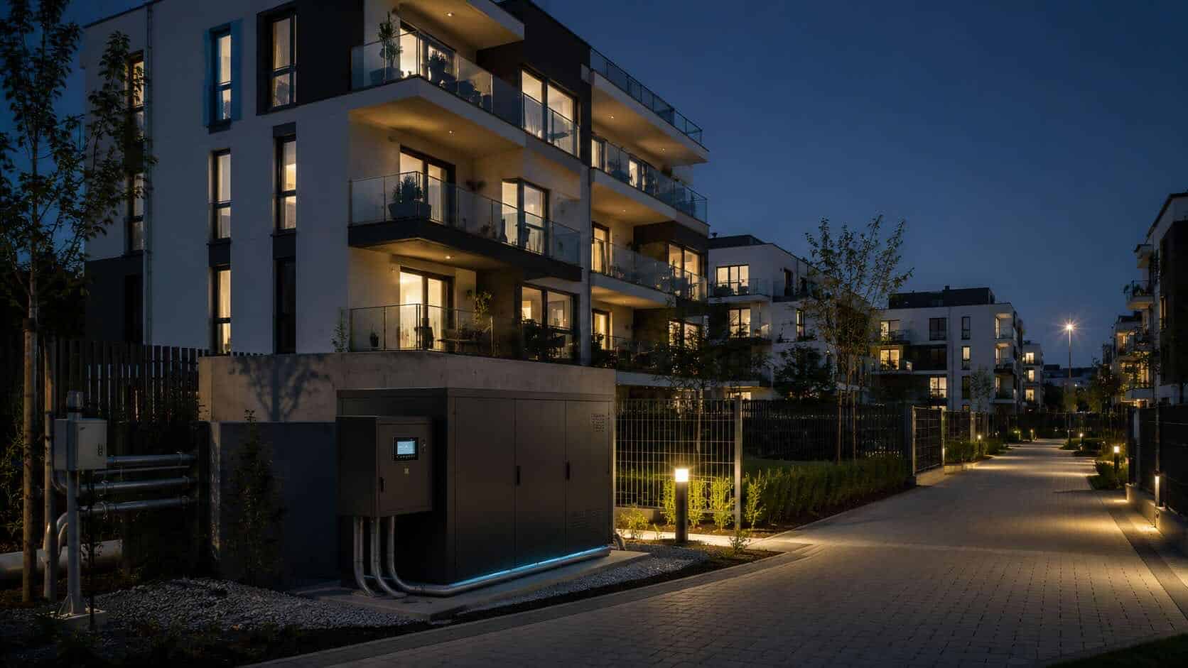 Residential aggregator common-area infrastructure — lifts hall, Building Management System hub, central HVAC auxiliary, building-level edge security and emergency systems at portfolio scale, powered by VENDOR.Max
