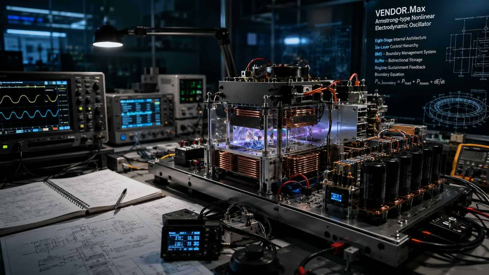 VENDOR.Max nonlinear electrodynamic oscillator laboratory prototype with oscilloscopes, resonant coils, capacitors, and engineering measurement equipment