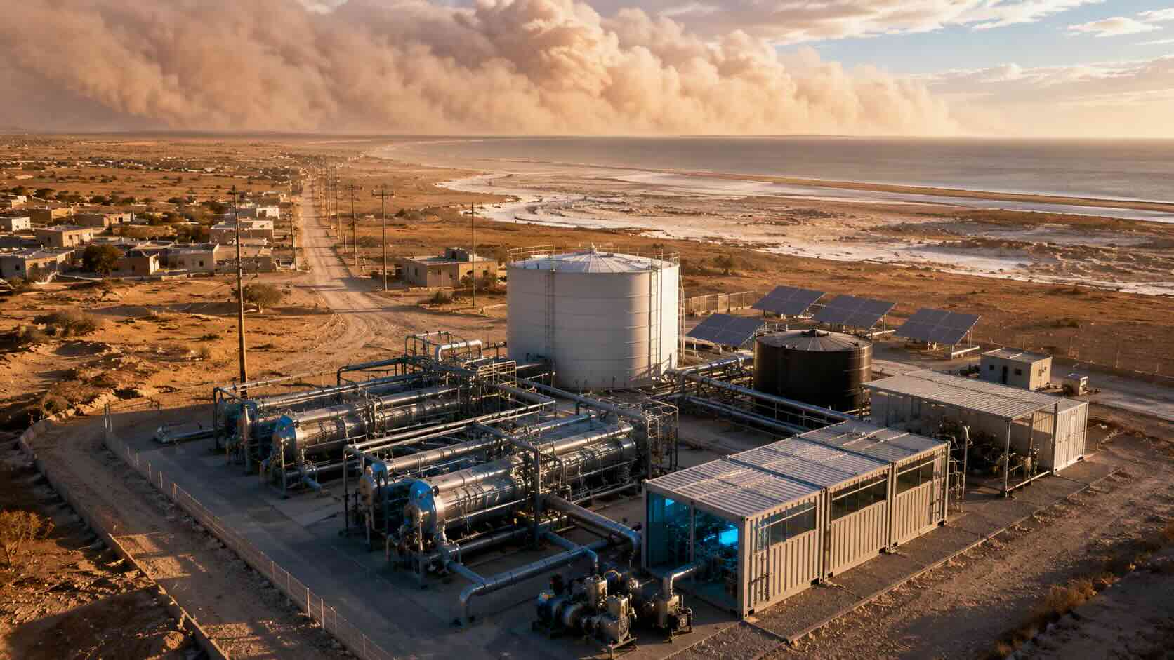 Off-grid desalination infrastructure near the Aral Sea basin with reverse osmosis modules, solar energy systems, industrial water treatment equipment, and desert dust storm conditions illustrating water scarcity, climate adaptation, and continuity energy infrastructure for remote regions.