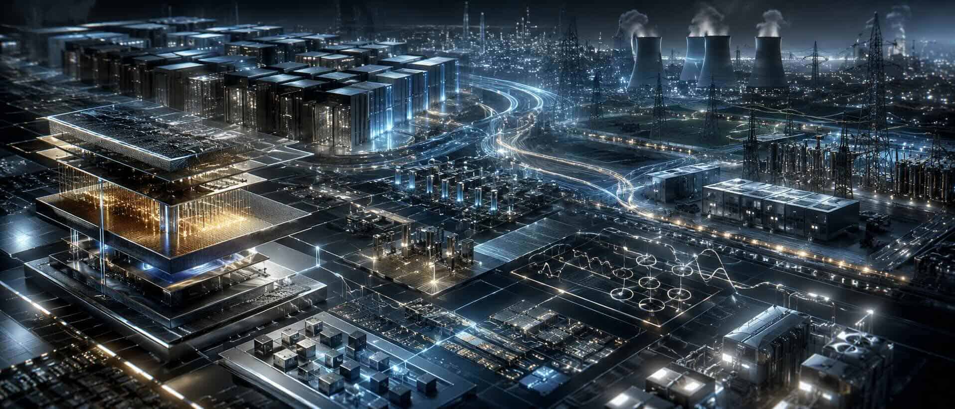 Futuristic nonlinear semiconductor and electrodynamic infrastructure architecture with layered heterojunction structures, AI data centers, distributed power systems, and synchronized energy interaction fields.