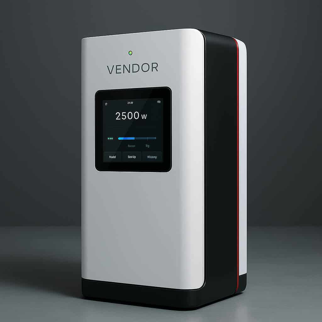 VENDOR.Max 5 kW solid-state power system engineering reference design, front view with active control display showing 2,500 W output.