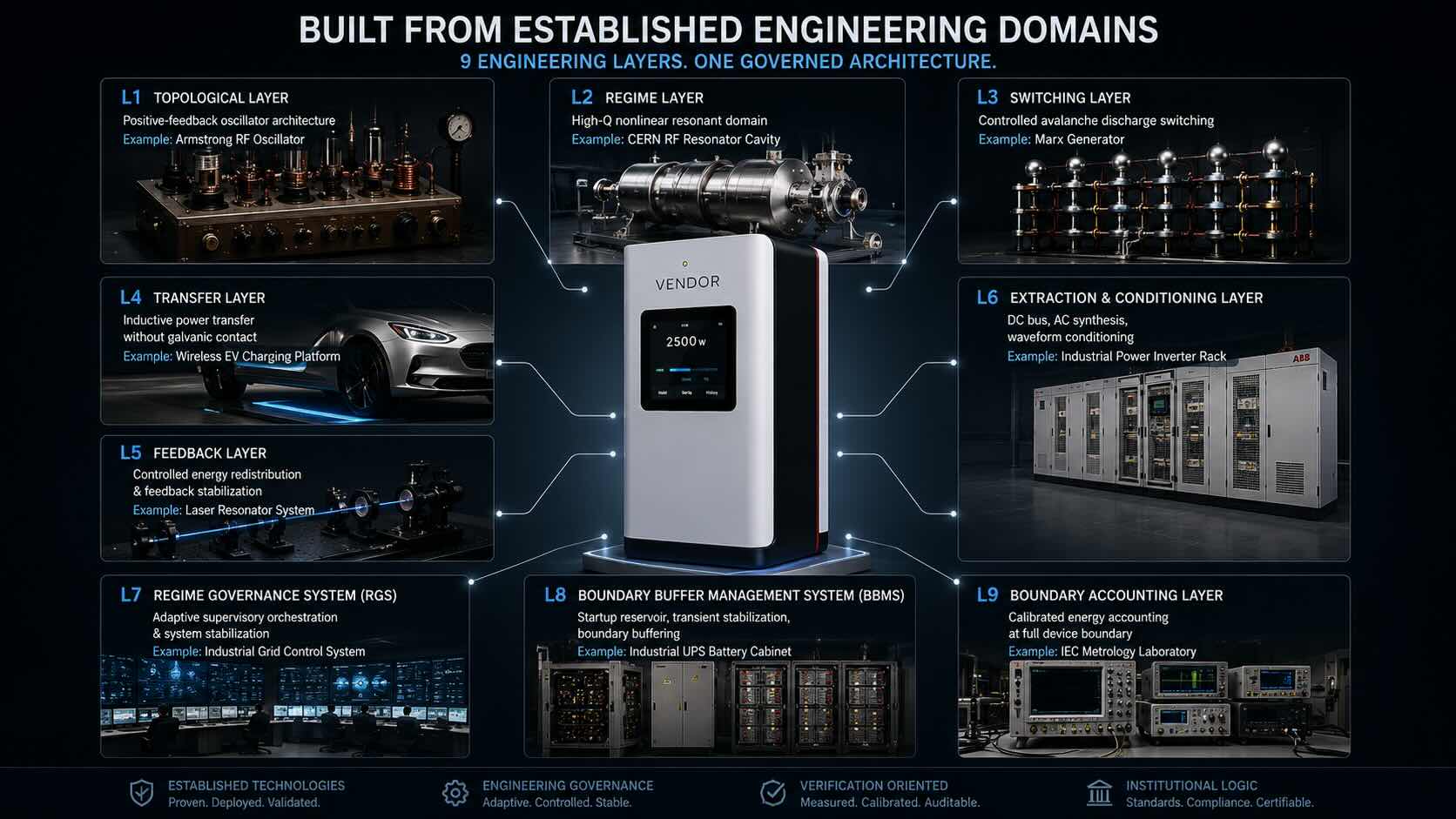 Diagram showing the nine engineering layers of the VENDOR.Max architecture as a governed electrodynamic infrastructure system. The visualization maps established industrial engineering domains including Armstrong RF oscillators, CERN RF resonator cavities, Marx generators, wireless EV charging systems, laser resonators, industrial inverter racks, adaptive grid control systems, industrial UPS battery cabinets, and IEC metrology laboratories into a single multilayer infrastructure architecture operating within classical electrodynamics.
