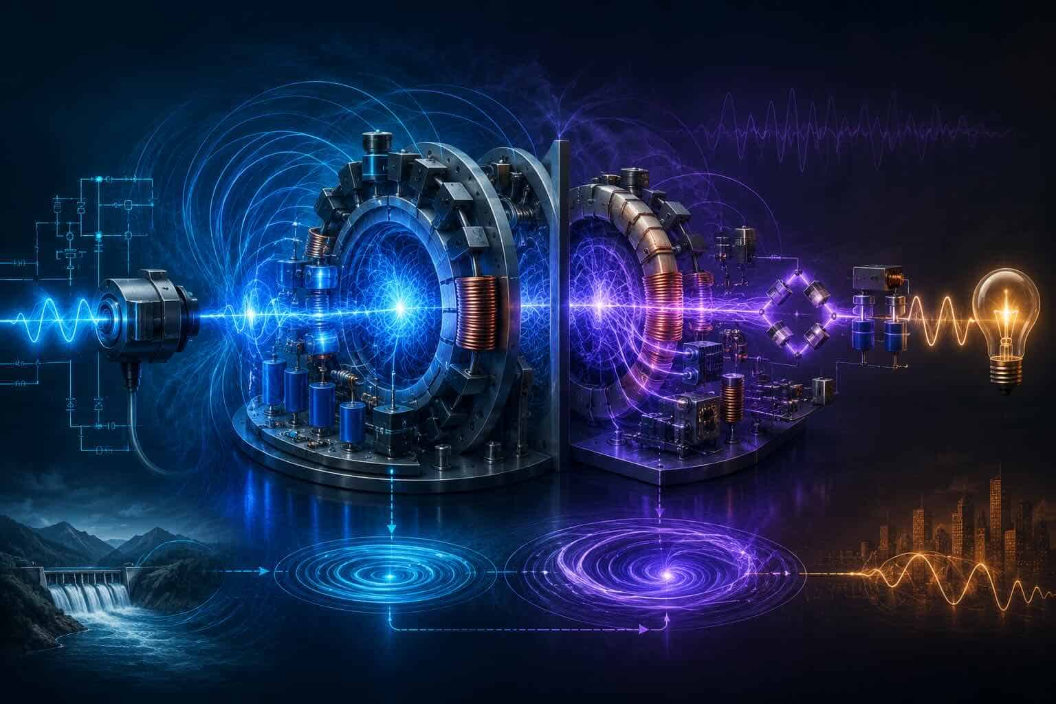 Conceptual visualization of the VENDOR.Max high-Q regenerative resonant architecture operating under TRL 5–6 validation conditions. The image illustrates boundary-accounted energy flow, internal field circulation, inductive coupling, nonlinear feedback stabilization, and continuous load-side output within a classical energy-conservation framework. The composition represents the distinction between per-stage conversion efficiency and complete device boundary accounting in an open electrodynamic system.