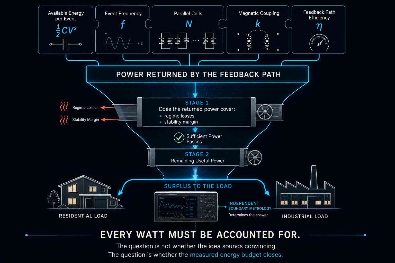 两阶段能量预算：反馈覆盖工况损耗，盈余送往负载；由计量决定