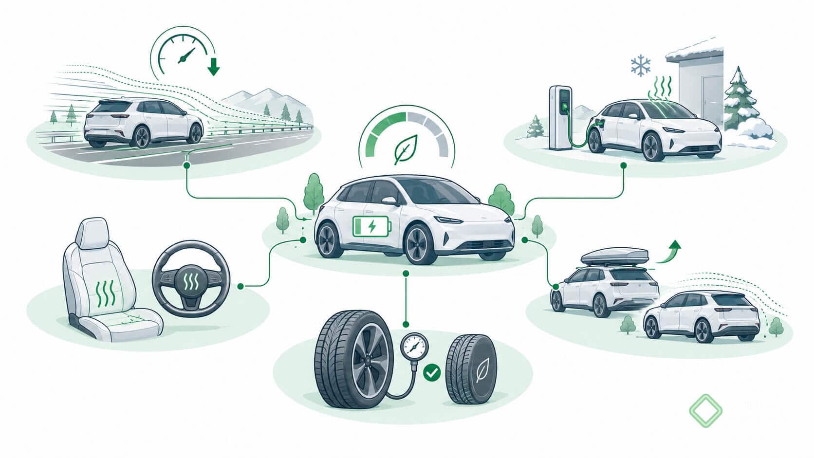 Augmenter l’autonomie d’une voiture électrique : rouler moins vite, préchauffer pendant la charge, utiliser les sièges chauffants, surveiller la pression des pneus et retirer le coffre de toit.