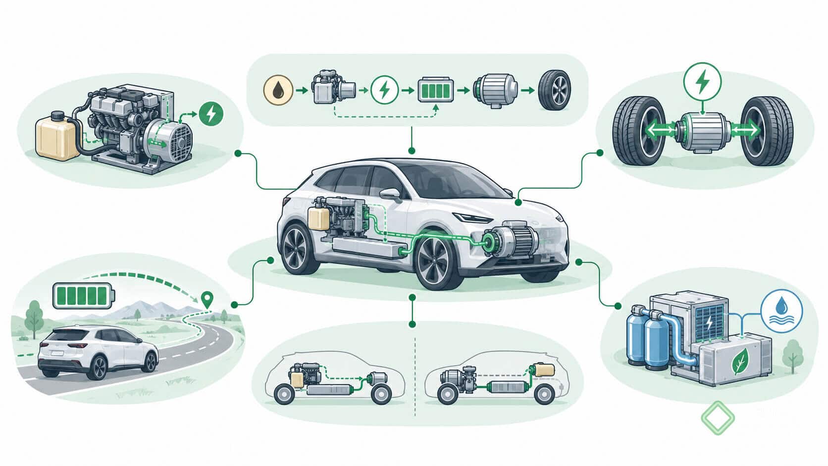 Schéma d’un prolongateur d’autonomie : un groupe moteur-générateur embarqué fournit de l’électricité à la batterie et au moteur électrique de traction qui entraîne les roues.